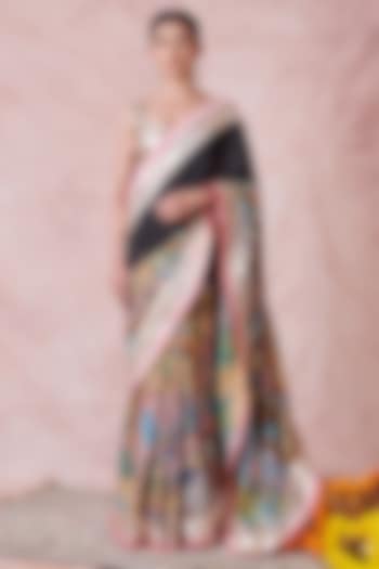 Multi-Colored Silk Kalamkari Mirror Work Wedding Saree Set by AAMRA BY LAVANYA at Pernia's Pop Up Shop