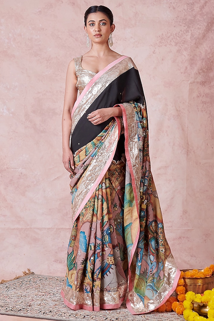 Multi-Colored Silk Kalamkari Mirror Work Wedding Saree Set by AAMRA BY LAVANYA at Pernia's Pop Up Shop