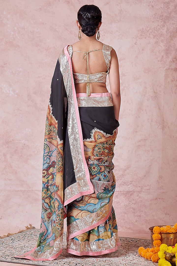 Multi-Colored Silk Kalamkari Mirror Work Wedding Saree Set by AAMRA BY LAVANYA at Pernia's Pop Up Shop