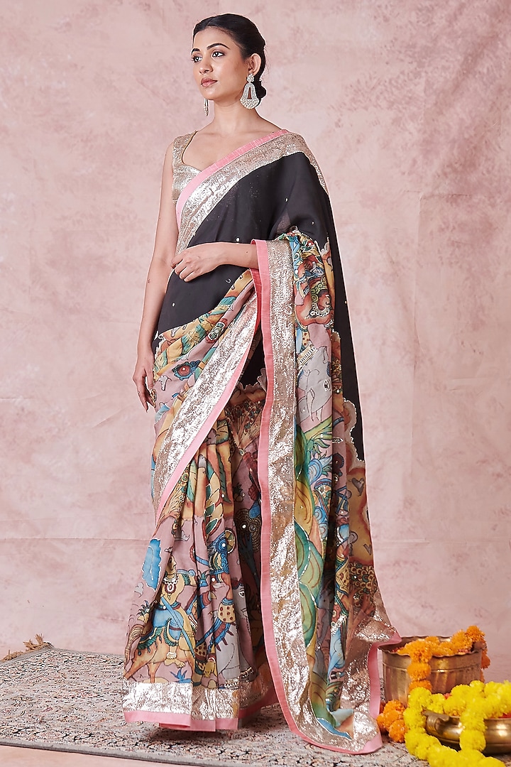 Multi-Colored Silk Kalamkari Mirror Work Wedding Saree Set by AAMRA BY LAVANYA at Pernia's Pop Up Shop