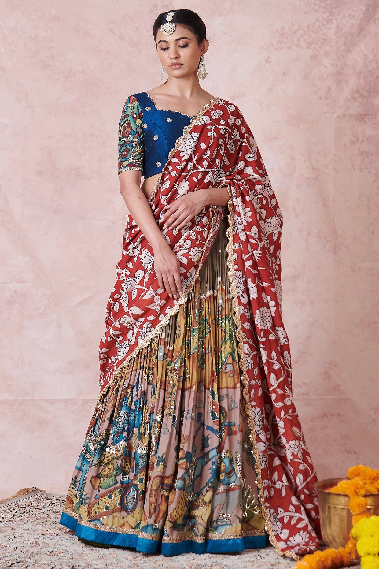 AAMRA BY LAVANYA Multi-Colored Silk Kalamkari Handpainted & Hand Embroidered Lehenga Set