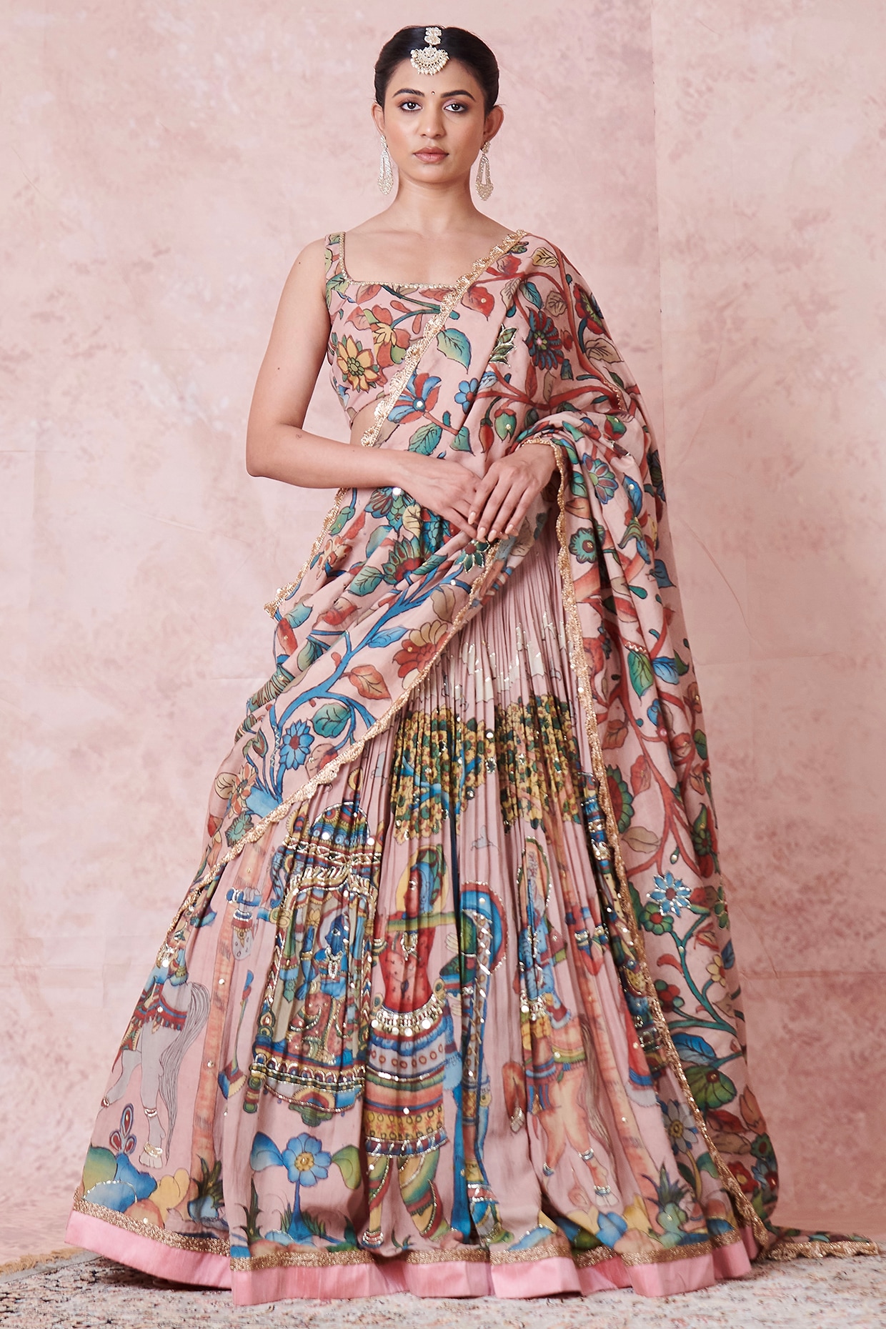 AAMRA BY LAVANYA Sandrose-Pink Silk Kalamkari Handpainted & Hand Embroidered Lehenga Set