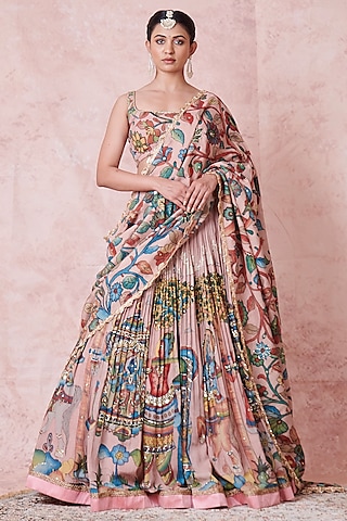 Sandrose-Pink Silk Kalamkari Handpainted & Hand Embroidered Lehenga Set by AAMRA BY LAVANYA
