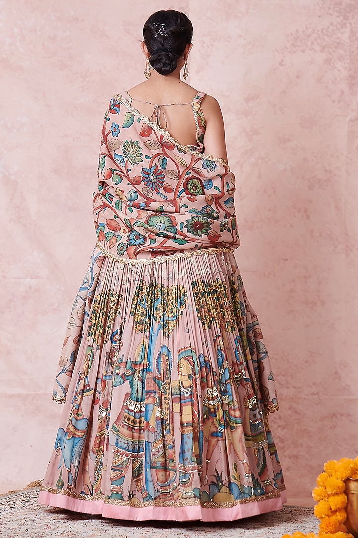 Sandrose-Pink Silk Kalamkari Handpainted & Hand Embroidered Wedding Lehenga Set by AAMRA BY LAVANYA at Pernia's Pop Up Shop