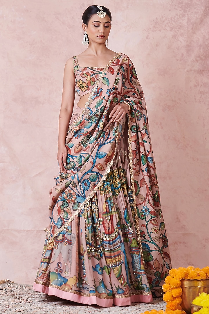 Sandrose-Pink Silk Kalamkari Handpainted & Hand Embroidered Wedding Lehenga Set by AAMRA BY LAVANYA at Pernia's Pop Up Shop
