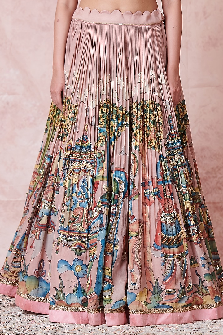 Sandrose-Pink Silk Kalamkari Handpainted & Hand Embroidered Wedding Lehenga Set by AAMRA BY LAVANYA at Pernia's Pop Up Shop