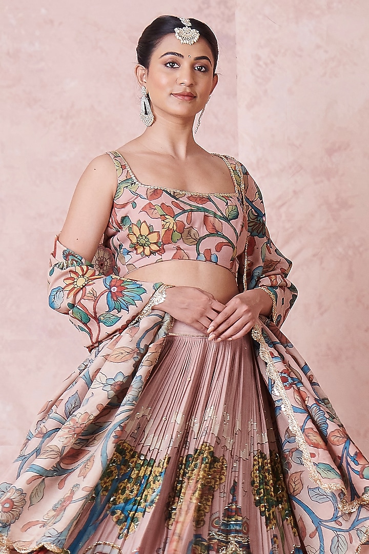 Sandrose-Pink Silk Kalamkari Handpainted & Hand Embroidered Wedding Lehenga Set by AAMRA BY LAVANYA at Pernia's Pop Up Shop