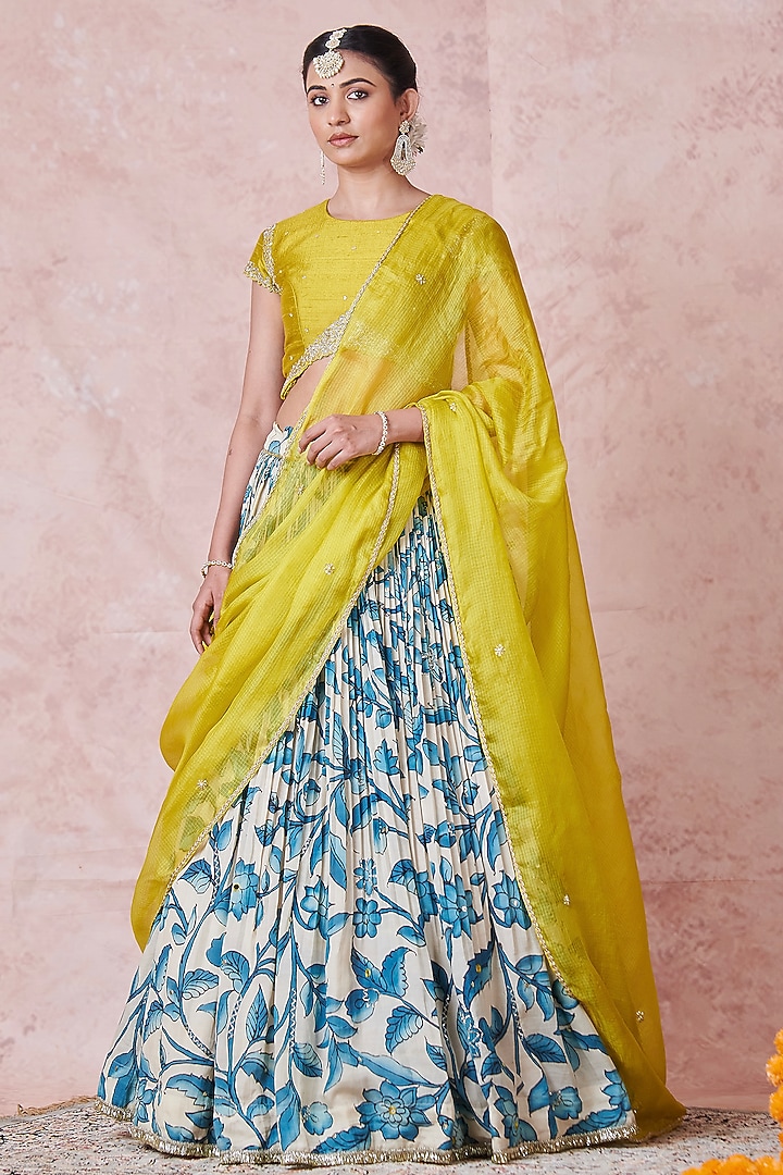 Ivory Silk Floral Kalamkari Handpainted & Hand Embroidered Wedding Lehenga Set by AAMRA BY LAVANYA at Pernia's Pop Up Shop