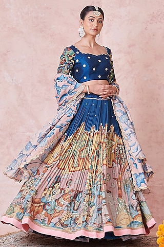 Indigo Blue Silk Kalamkari Handpainted & Hand Embroidered Lehenga Set by AAMRA BY LAVANYA