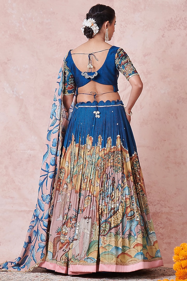 Indigo Blue Silk Kalamkari Handpainted & Hand Embroidered Wedding Lehenga Set by AAMRA BY LAVANYA at Pernia's Pop Up Shop