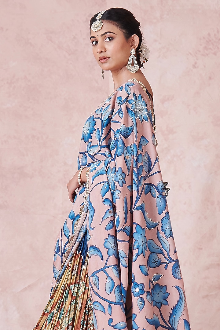 Indigo Blue Silk Kalamkari Handpainted & Hand Embroidered Wedding Lehenga Set by AAMRA BY LAVANYA at Pernia's Pop Up Shop