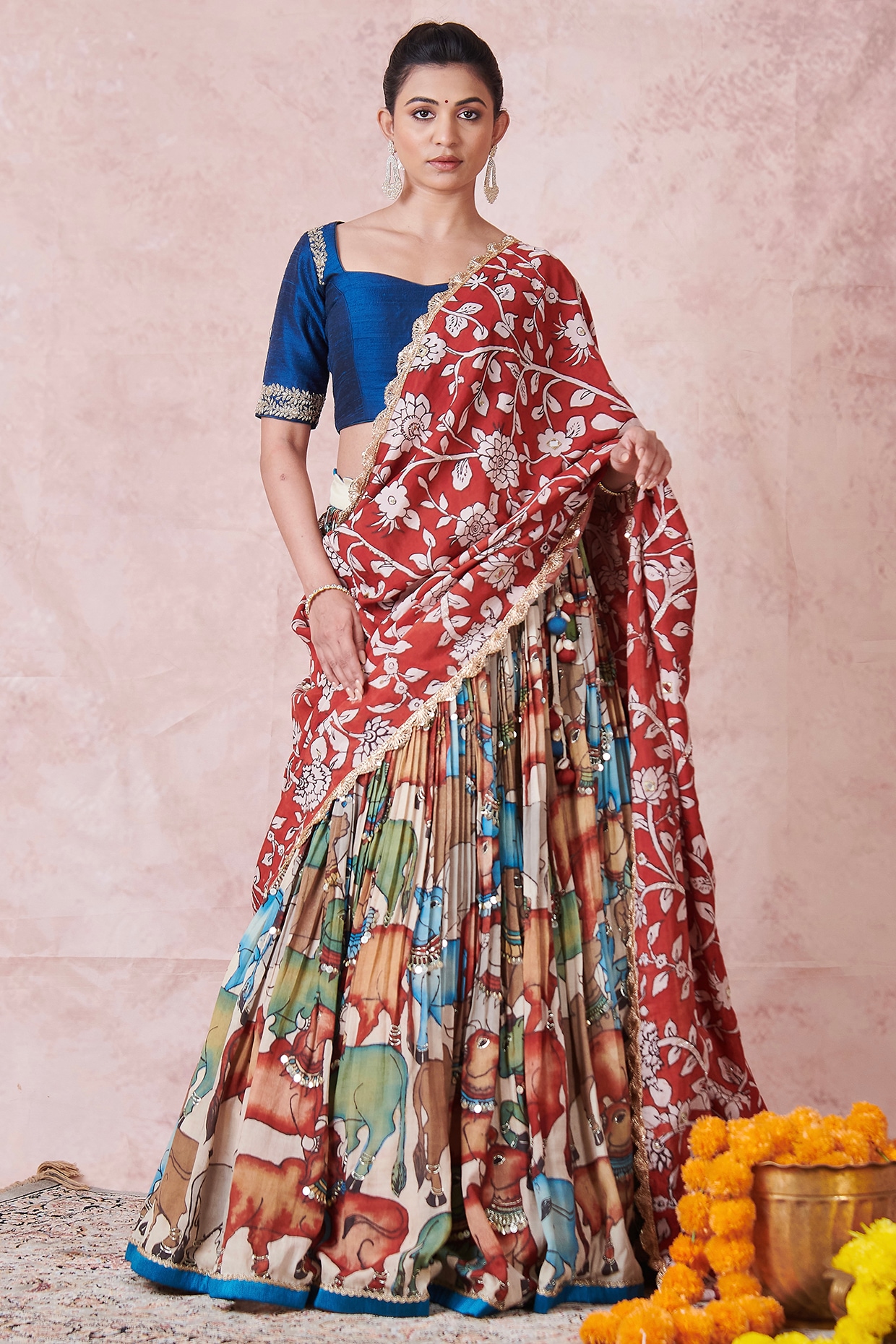 AAMRA BY LAVANYA Multi-Colored Silk Kalamkari Handpainted & Hand Embroidered Lehenga Set