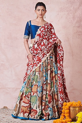 Multi-Colored Silk Kalamkari Handpainted & Hand Embroidered Lehenga Set by AAMRA BY LAVANYA