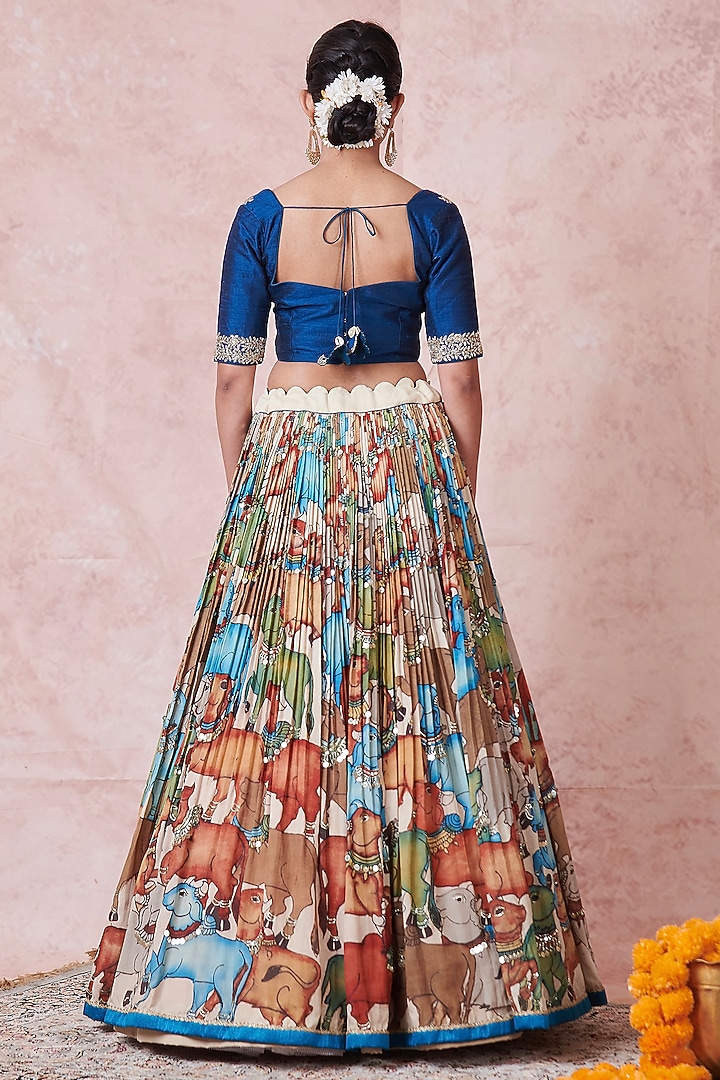Multi-Colored Silk Kalamkari Handpainted & Hand Embroidered Wedding Lehenga Set by AAMRA BY LAVANYA at Pernia's Pop Up Shop