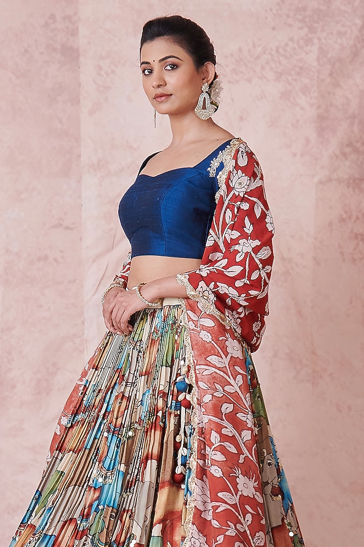 Multi-Colored Silk Kalamkari Handpainted & Hand Embroidered Wedding Lehenga Set by AAMRA BY LAVANYA at Pernia's Pop Up Shop