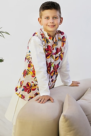 Multi-Colored Cotton & Cotton Silk Printed Bundi Jacket With Kurta Set For Boys by Anaario