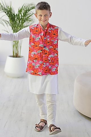 Orange Cotton & Cotton Silk Printed Bundi Jacket With Kurta Set For Boys by Anaario