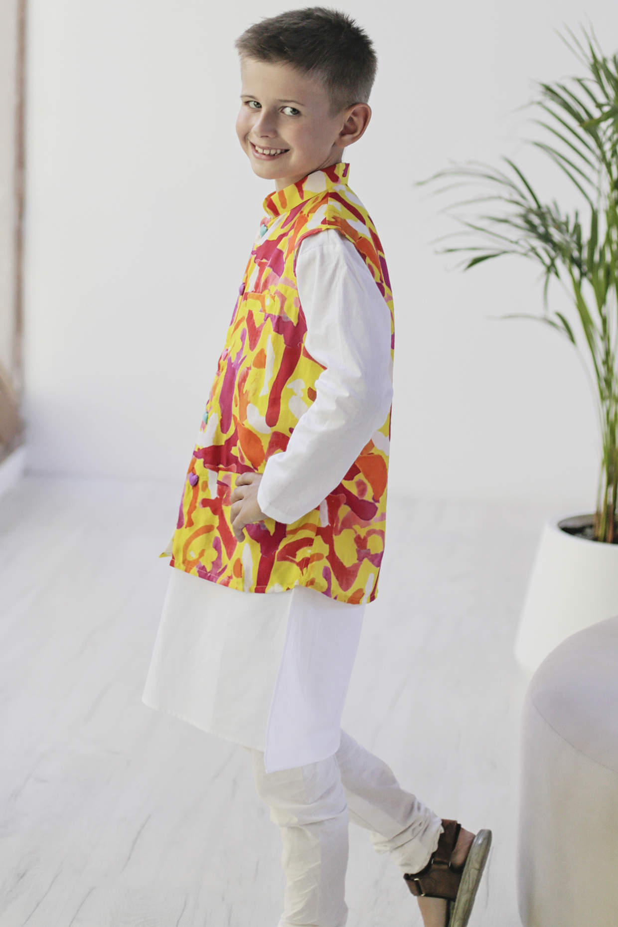 Multi-Colored Cotton & Cotton Silk Printed Bundi Jacket With Kurta Set For Boys by Anaario