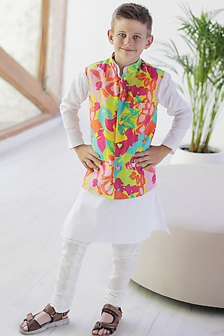 Multi-Colored Cotton & Cotton Silk Printed Bundi Jacket With Kurta Set For Boys by Anaario