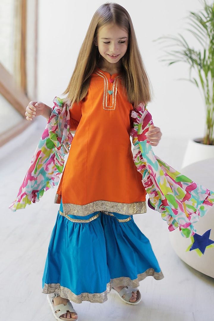 Blue Cotton & Cotton Silk Sharara Set For Girls by Anaario