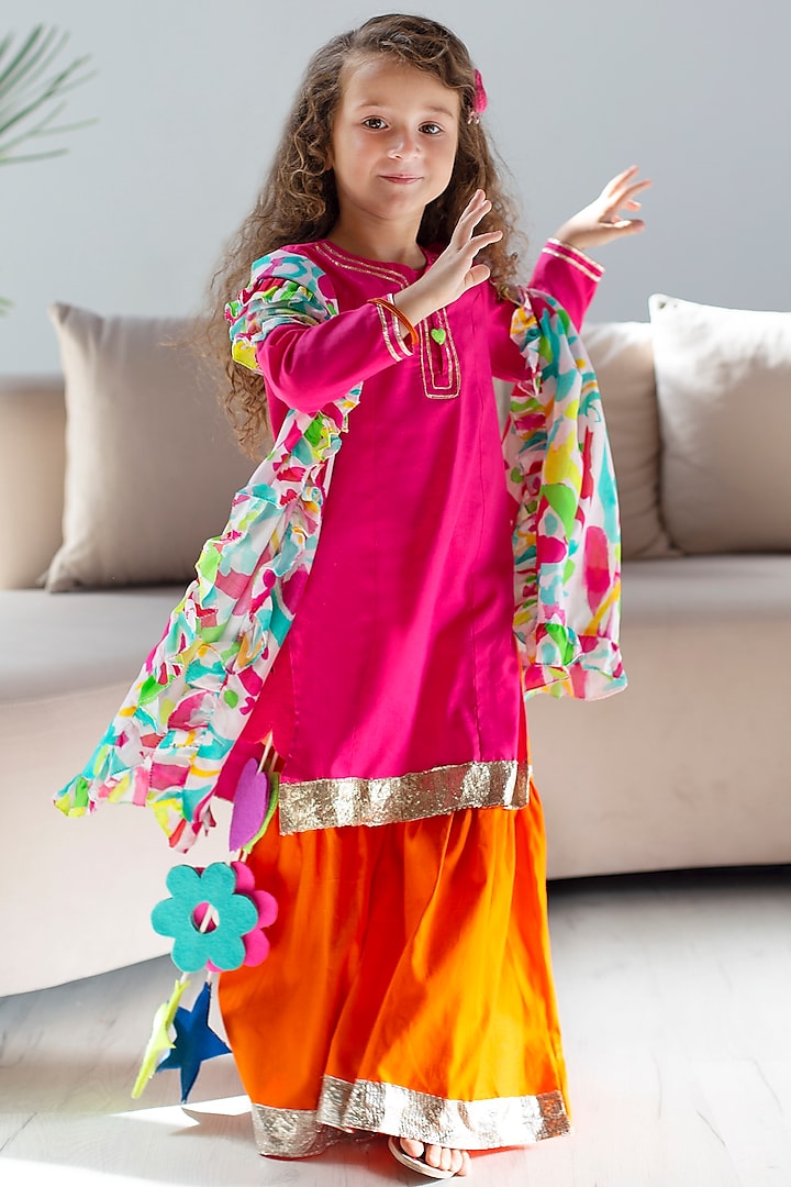Orange Cotton & Cotton Silk Sharara Set For Girls by Anaario