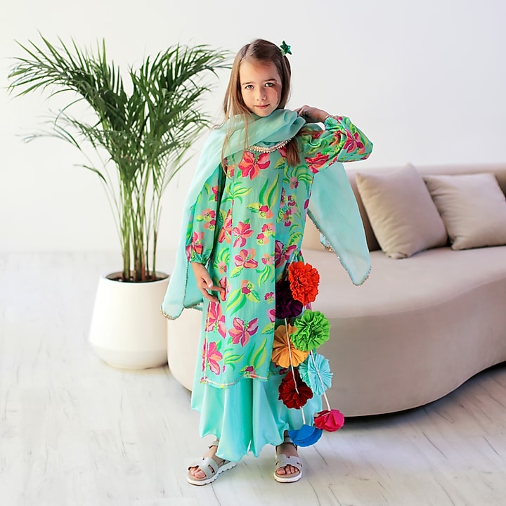 Turquoise Cotton & Cotton Silk Lehenga Set For Girls by Anaario at Pernia's Pop Up Shop
