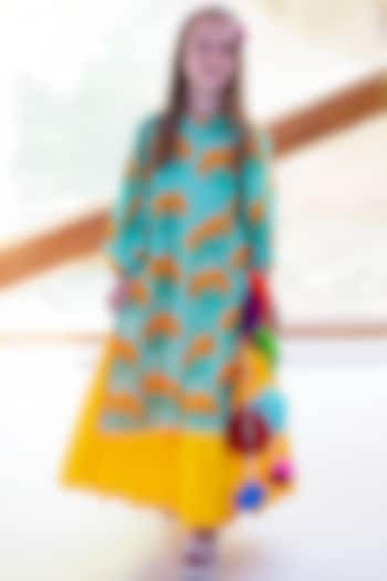 Turquoise Cotton & Cotton Silk Lehenga Set For Girls by Anaario