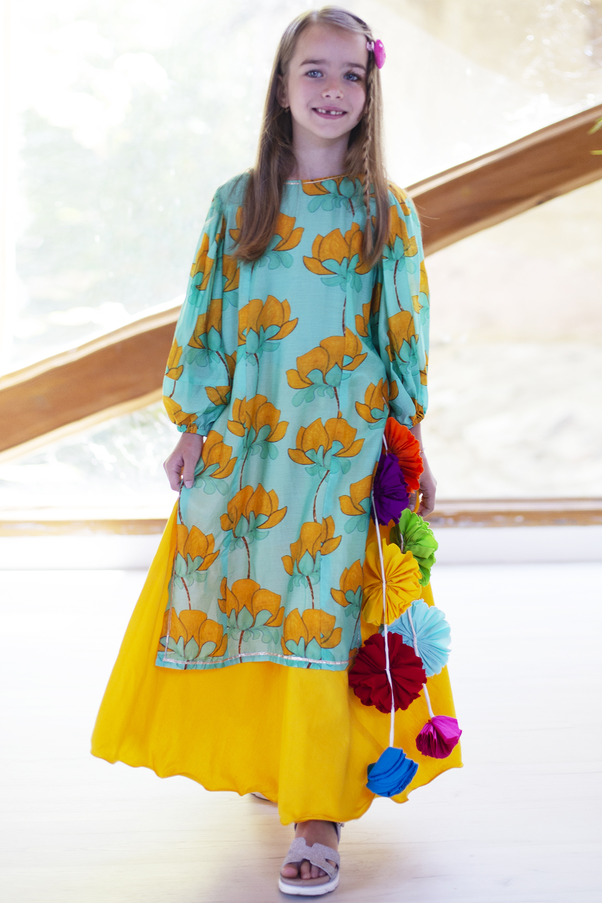 Turquoise Cotton & Cotton Silk Lehenga Set For Girls by Anaario at Pernia's Pop Up Shop