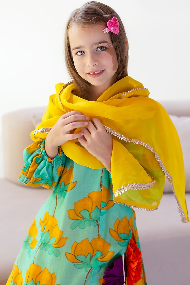 Turquoise Cotton & Cotton Silk Lehenga Set For Girls by Anaario at Pernia's Pop Up Shop