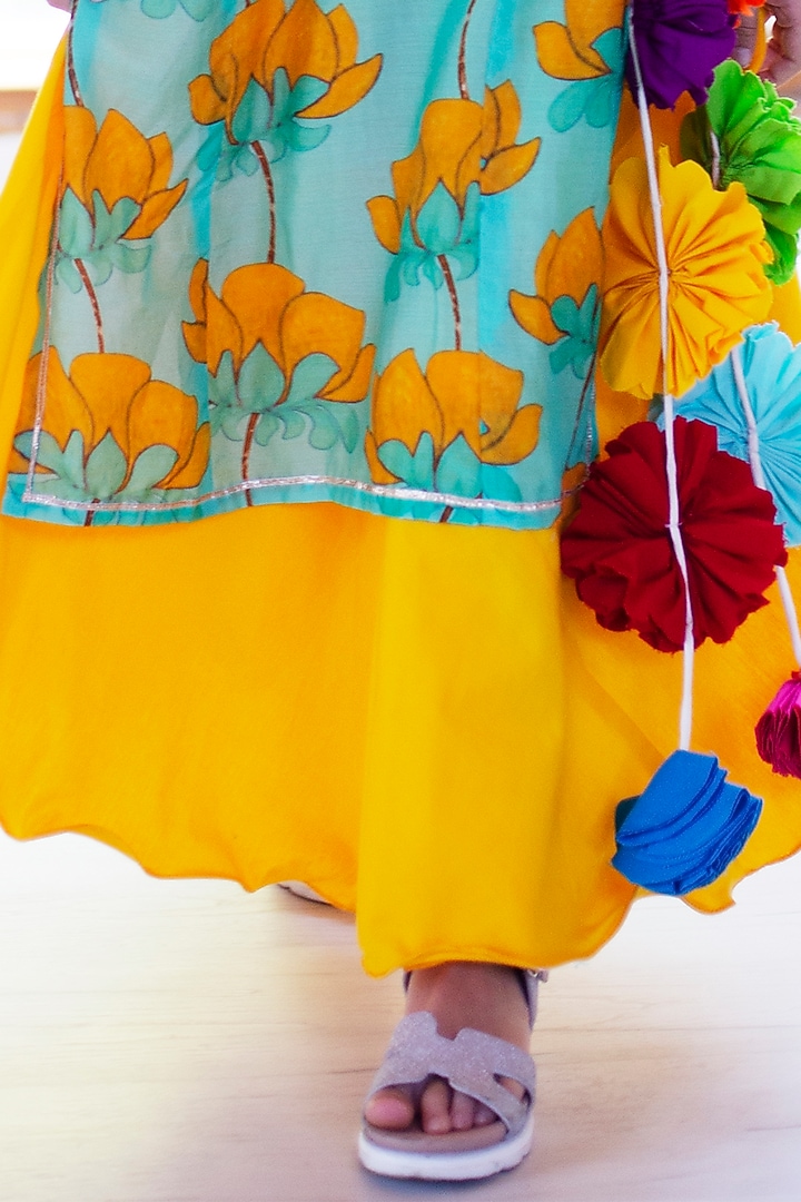 Turquoise Cotton & Cotton Silk Lehenga Set For Girls by Anaario at Pernia's Pop Up Shop