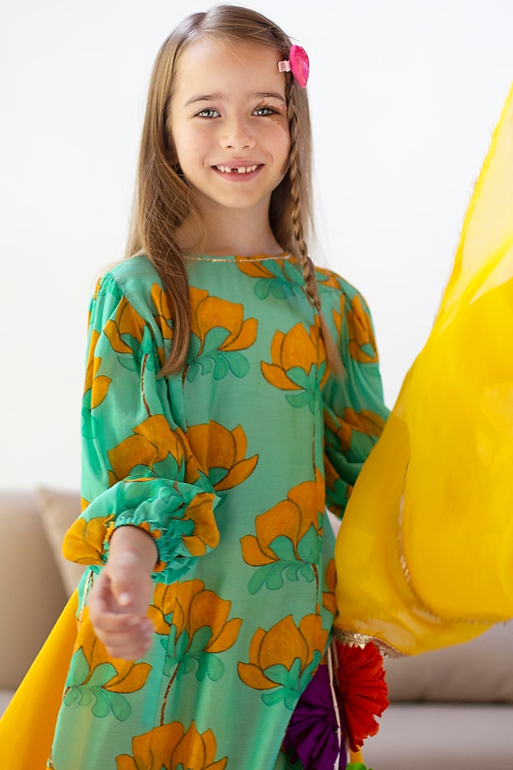 Turquoise Cotton & Cotton Silk Lehenga Set For Girls by Anaario at Pernia's Pop Up Shop