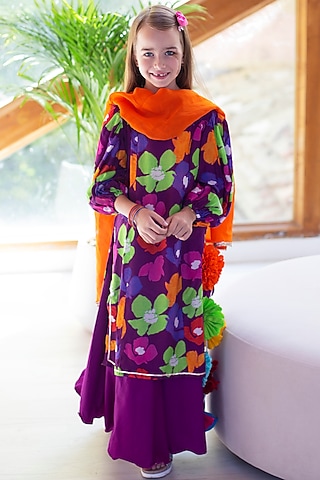 Purple Cotton & Cotton Silk Lehenga Set For Girls by Anaario