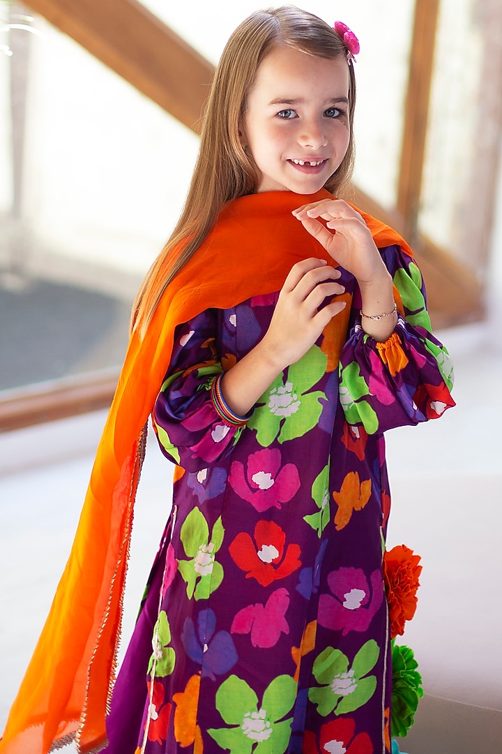 Purple Cotton & Cotton Silk Lehenga Set For Girls by Anaario at Pernia's Pop Up Shop