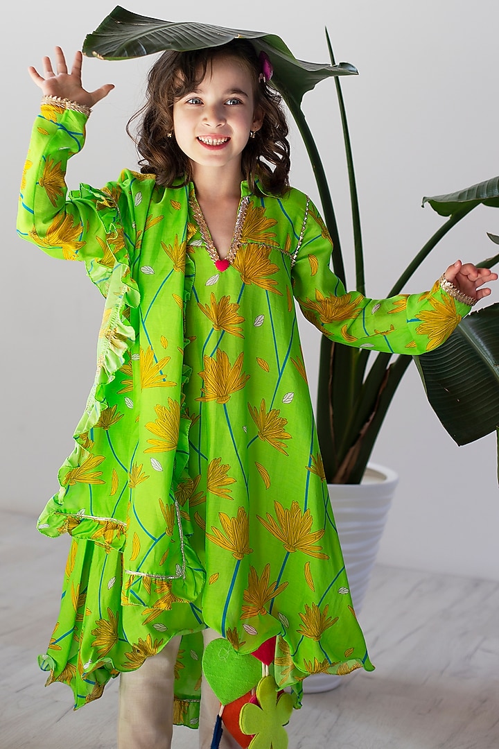 Lime Green Cotton & Cotton Silk Printed Anarkali Set For Girls by Anaario
