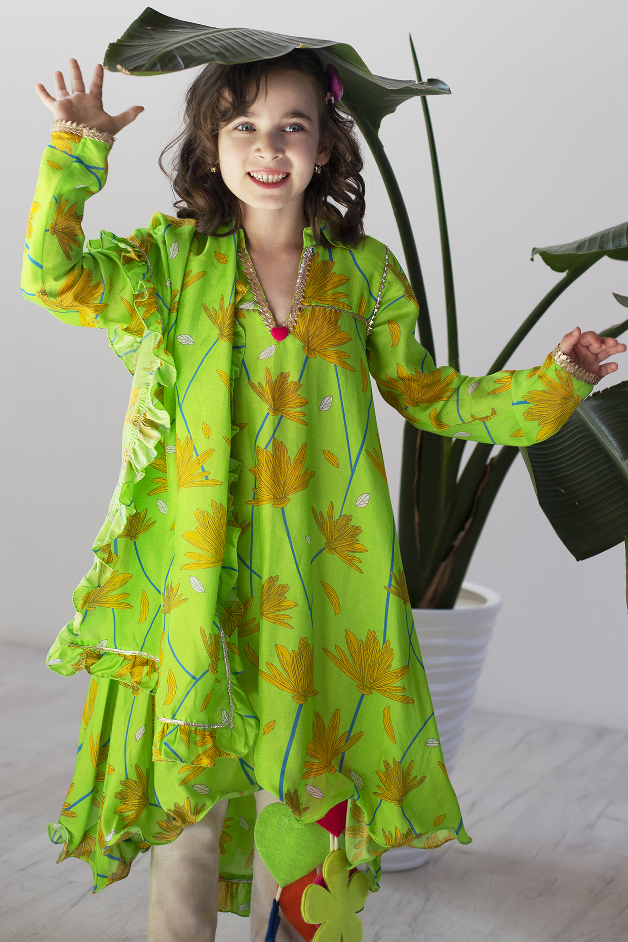 Lime Green Cotton & Cotton Silk Printed Anarkali Set For Girls by Anaario at Pernia's Pop Up Shop