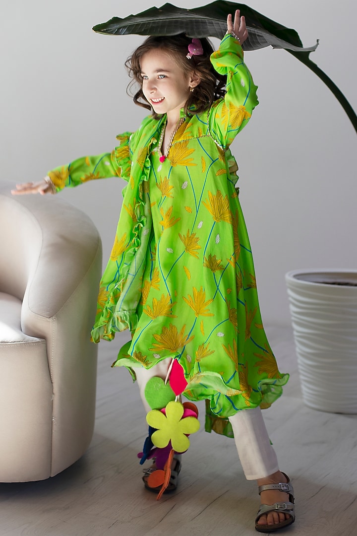 Lime Green Cotton & Cotton Silk Printed Anarkali Set For Girls by Anaario at Pernia's Pop Up Shop