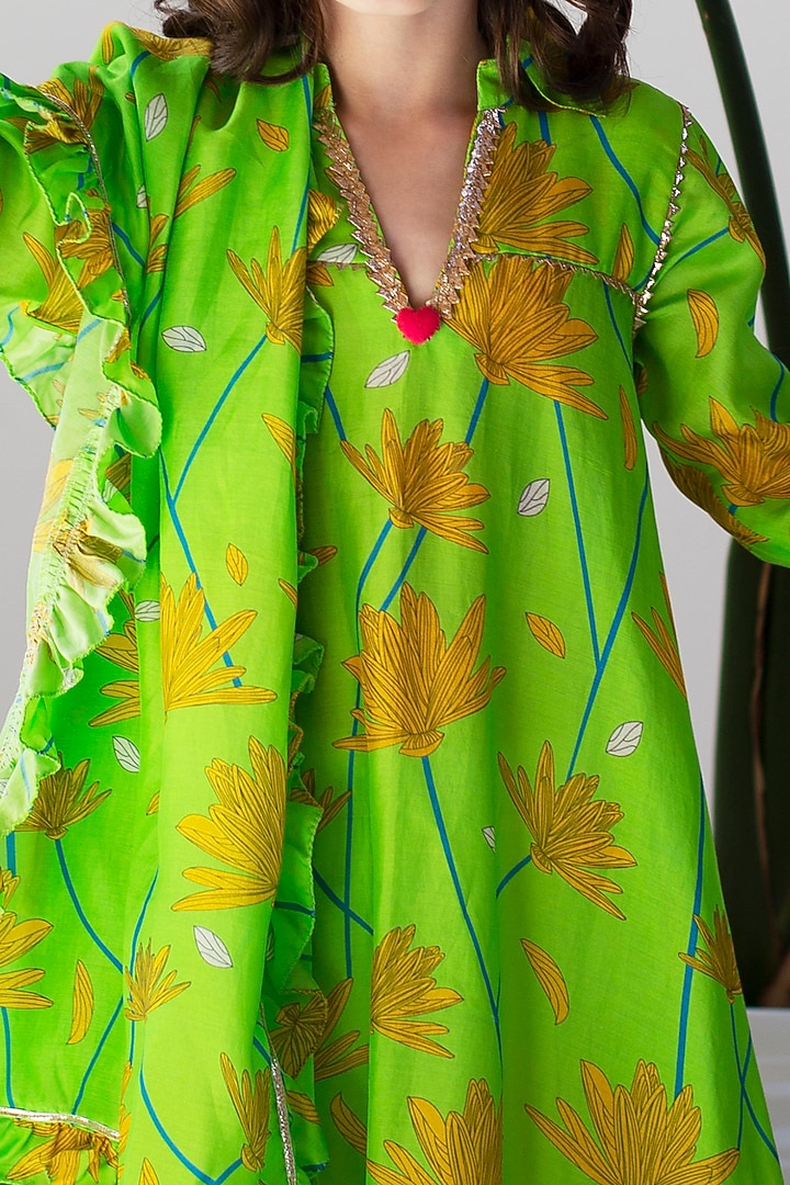 Lime Green Cotton & Cotton Silk Printed Anarkali Set For Girls by Anaario at Pernia's Pop Up Shop