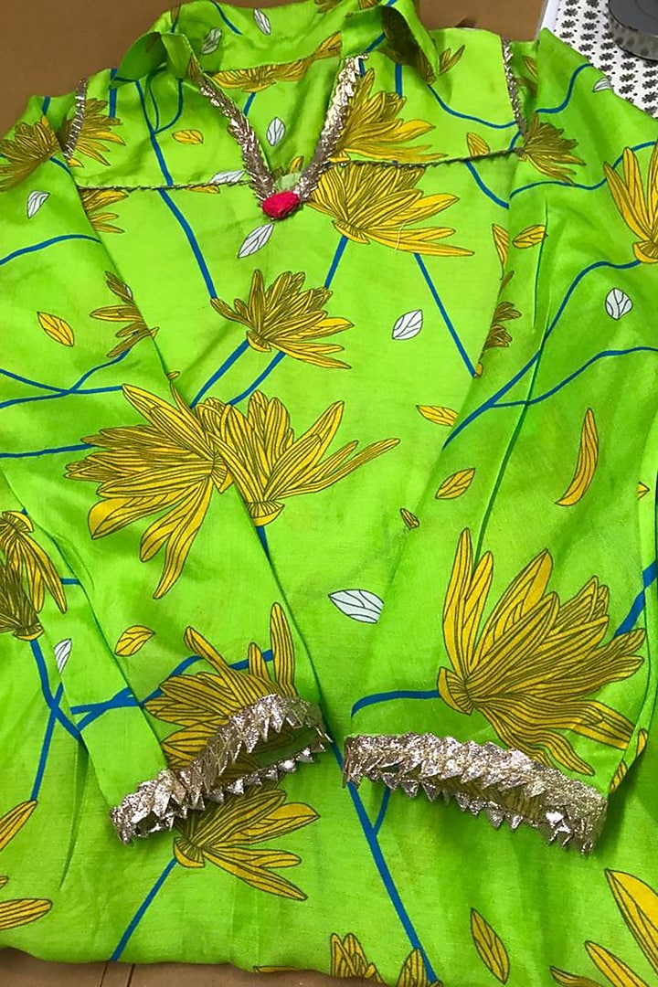 Lime Green Cotton & Cotton Silk Printed Anarkali Set For Girls by Anaario at Pernia's Pop Up Shop