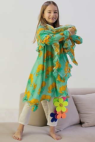 Turquoise Cotton & Cotton Silk Printed Anarkali Set For Girls by Anaario