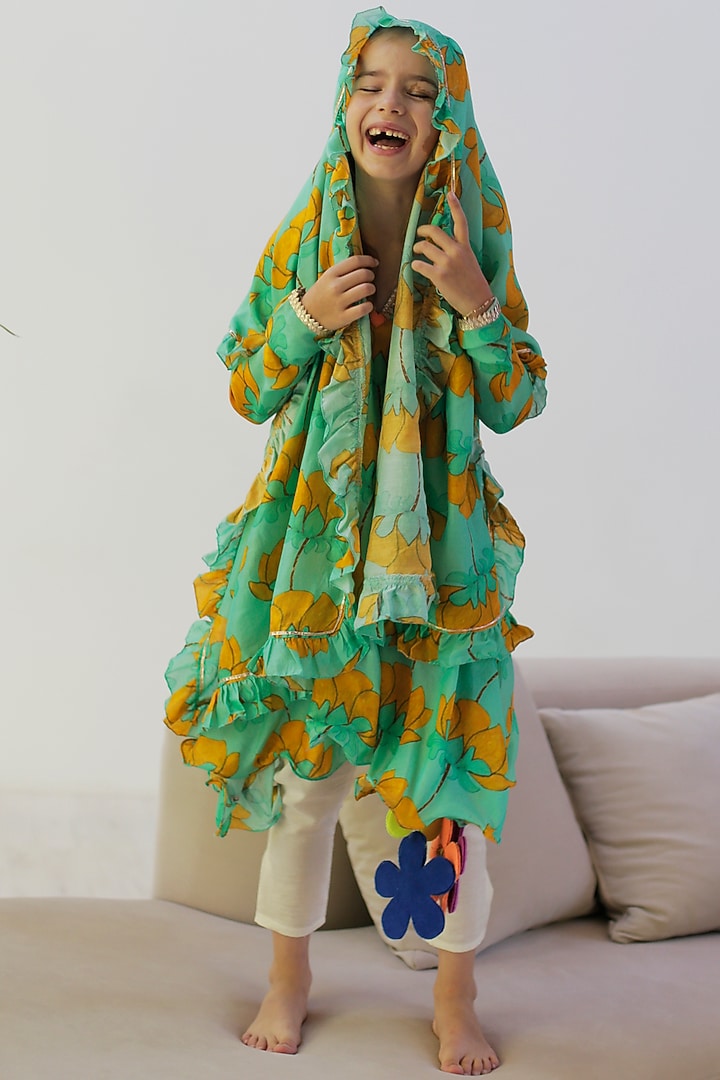 Turquoise Cotton & Cotton Silk Printed Anarkali Set For Girls by Anaario at Pernia's Pop Up Shop