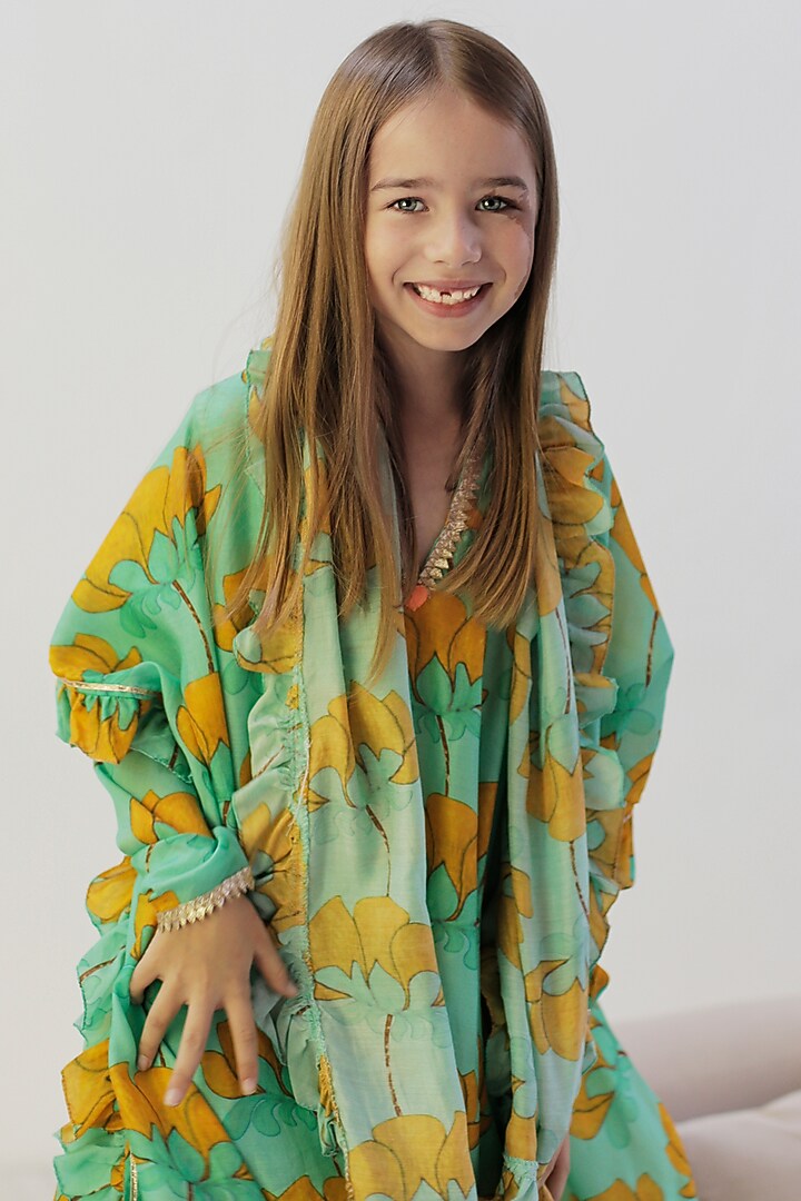 Turquoise Cotton & Cotton Silk Printed Anarkali Set For Girls by Anaario at Pernia's Pop Up Shop