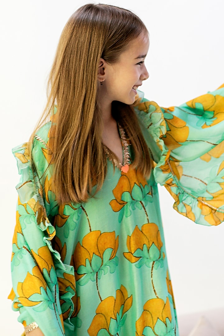 Turquoise Cotton & Cotton Silk Printed Anarkali Set For Girls by Anaario at Pernia's Pop Up Shop