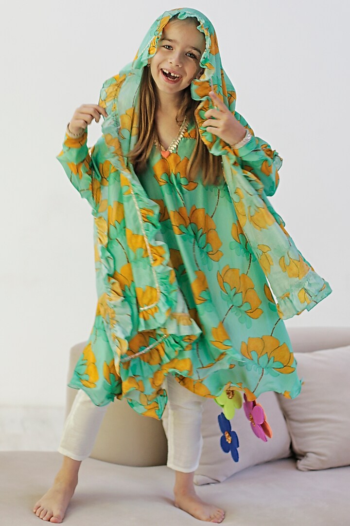 Turquoise Cotton & Cotton Silk Printed Anarkali Set For Girls by Anaario at Pernia's Pop Up Shop