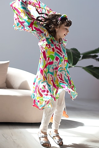 White Cotton & Cotton Silk Printed Anarkali Set For Girls by Anaario