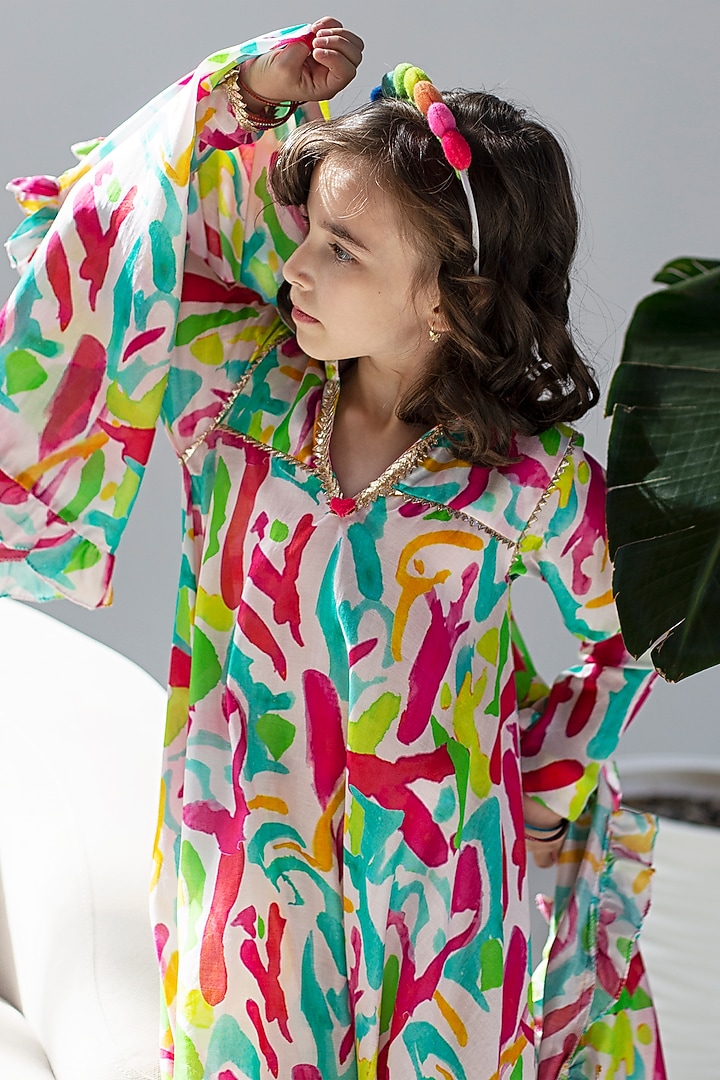White Cotton & Cotton Silk Printed Anarkali Set For Girls by Anaario at Pernia's Pop Up Shop