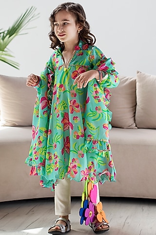 Turquoise Cotton & Cotton Silk Printed Anarkali Set For Girls by Anaario