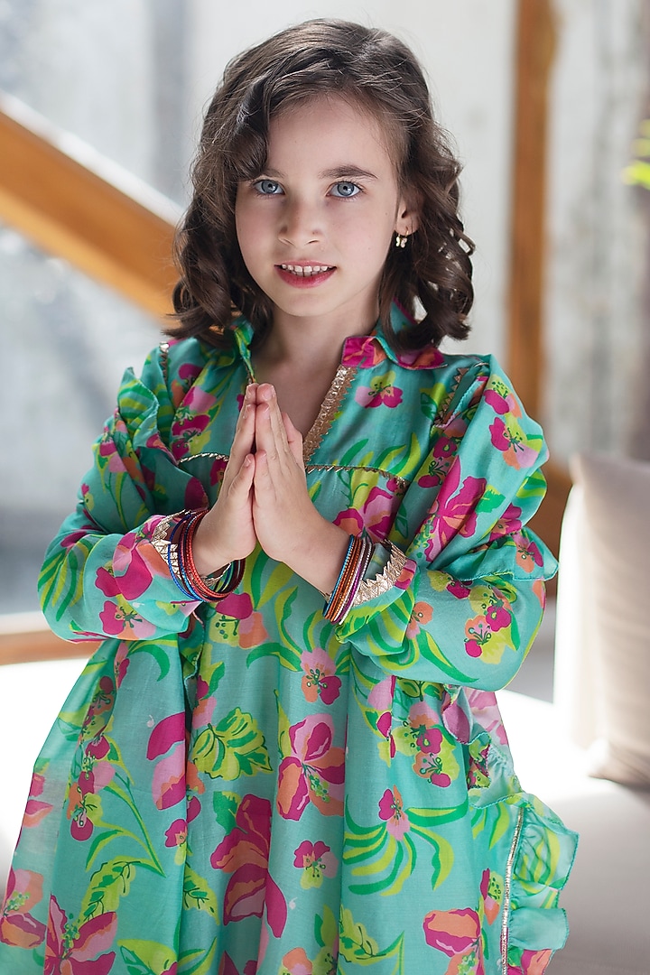Turquoise Cotton & Cotton Silk Printed Anarkali Set For Girls by Anaario at Pernia's Pop Up Shop