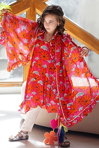 Pink Cotton & Cotton Silk Printed Anarkali Set For Girls by Anaario