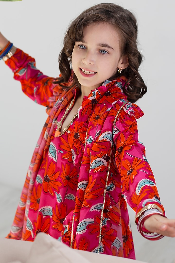 Pink Cotton & Cotton Silk Printed Anarkali Set For Girls by Anaario at Pernia's Pop Up Shop