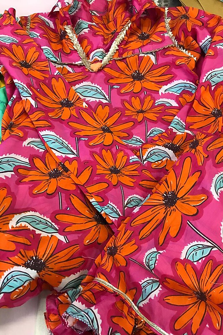 Pink Cotton & Cotton Silk Printed Anarkali Set For Girls by Anaario at Pernia's Pop Up Shop